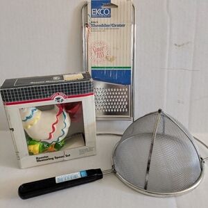 Vintage Rooster Ceramic Measuring 4 Spoon Holder. Ekco grater and strainer.
